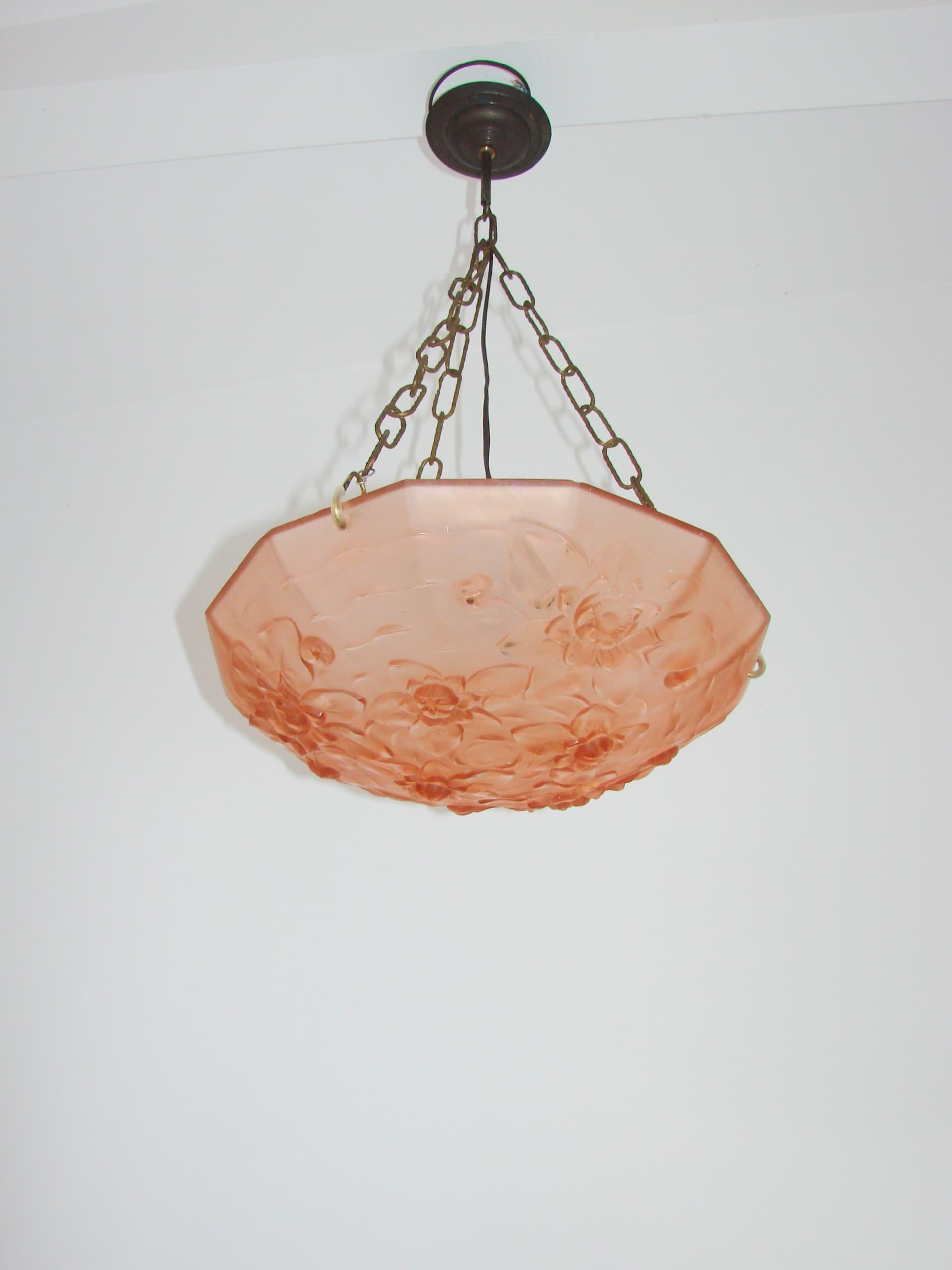 Lampa wisząca Ampla Art Deco, szkło różowy, mosiądz złoty, Francja, lata 30. - 372188