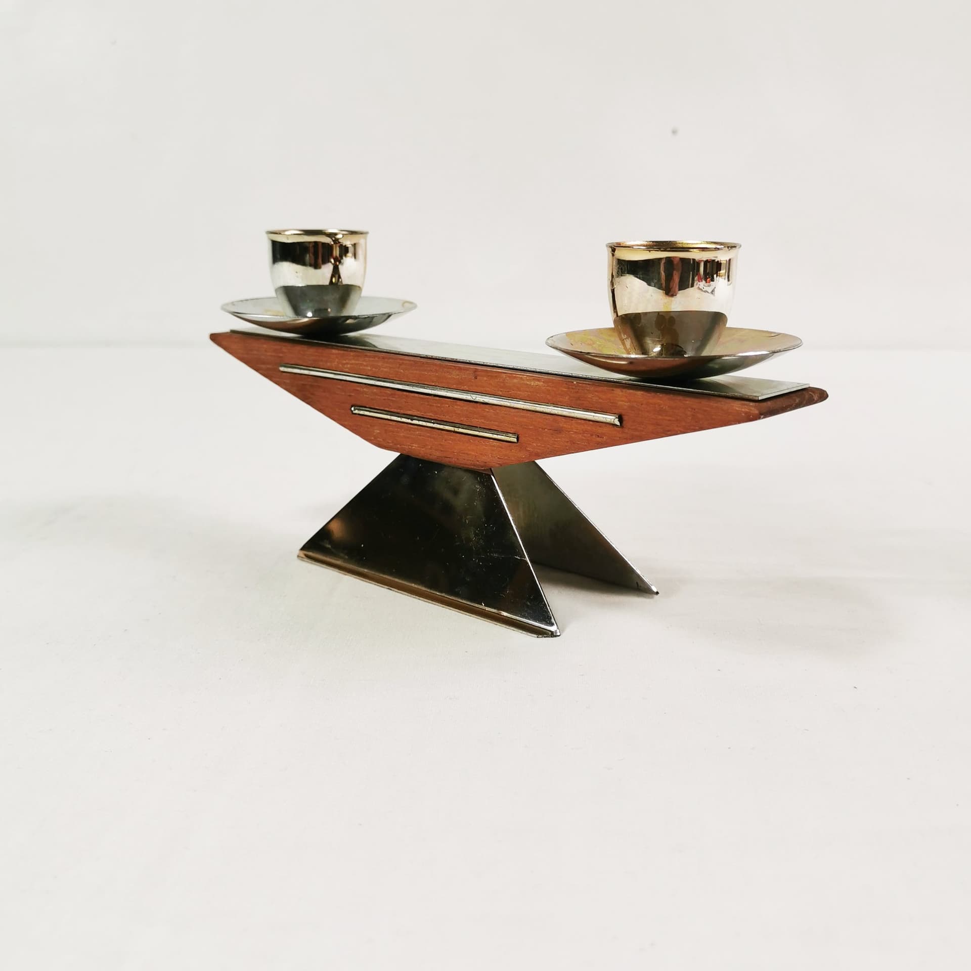 Świecznik Art déco, brązowy, drewno, srebrny, metal, Niemcy, lata 50. - 372492