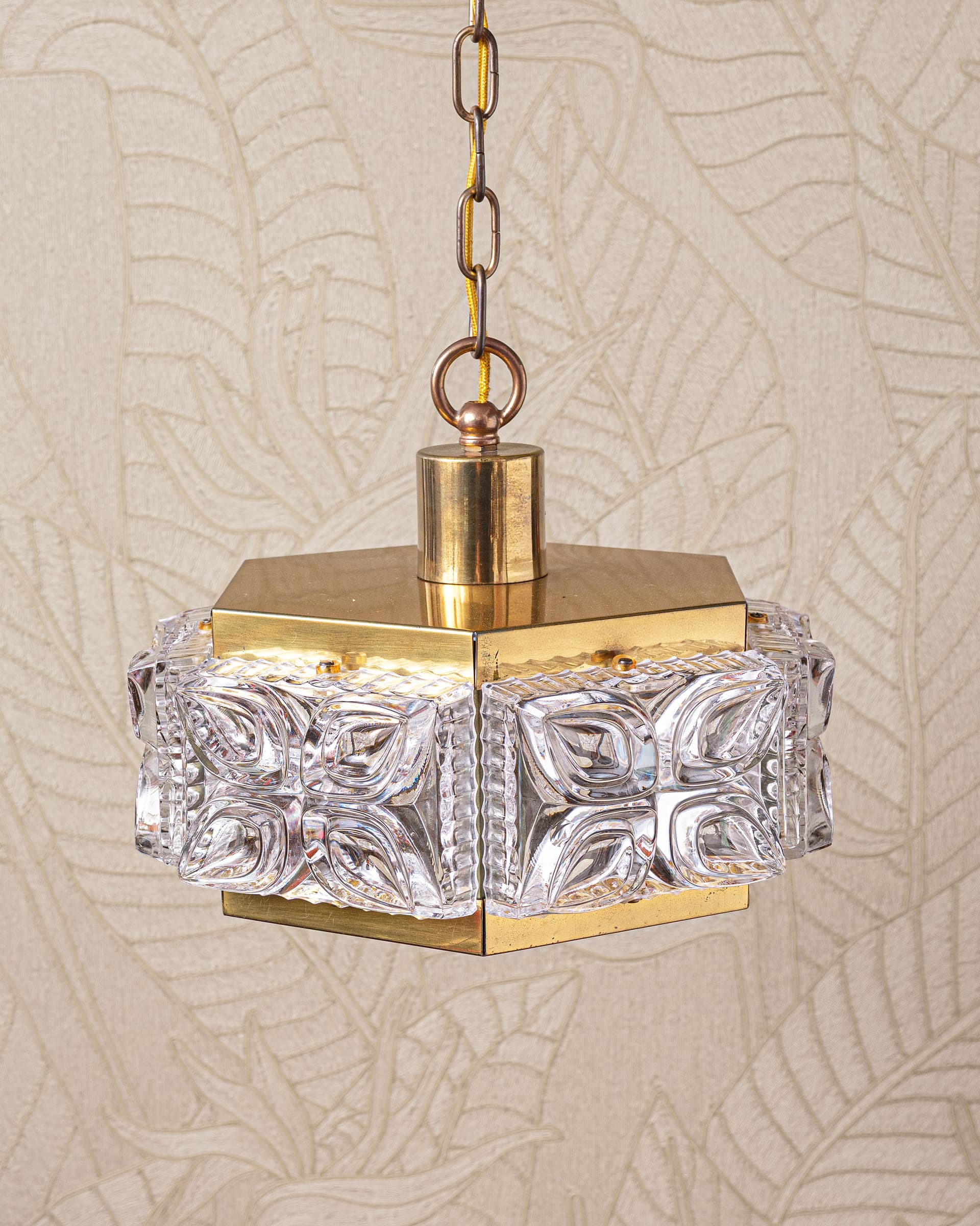 Lampa sufitowa, szkło przezroczyste, mosiądz złoty, proj. C. Fagerlund, Orrefors, Szwecja, lata 70. - 372850