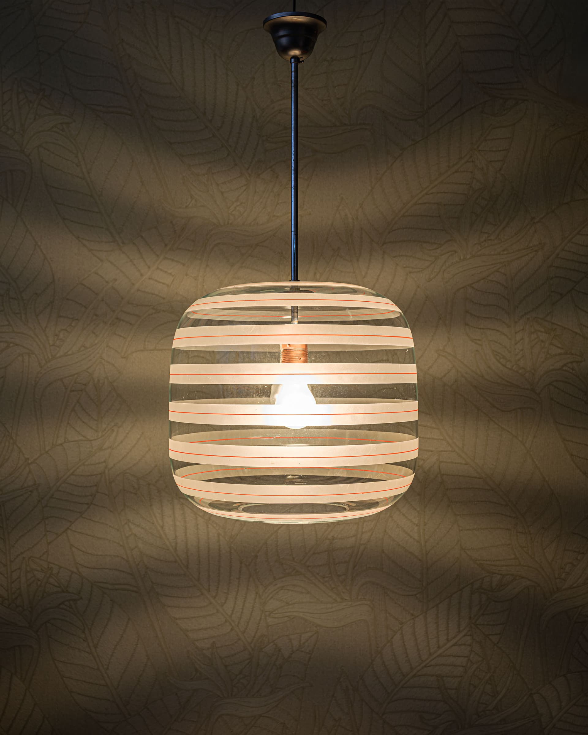 Lampa sufitowa, szkło przezroczyste biały czerwony, stal polerowana srebrny, miedź, Dania, lata 50. - 372859