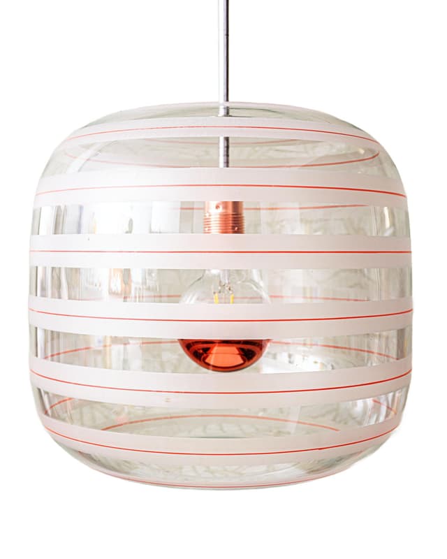 Lampa sufitowa, szkło przezroczyste biały czerwony, stal polerowana srebrny, miedź, Dania, lata 50. - WYMIARY