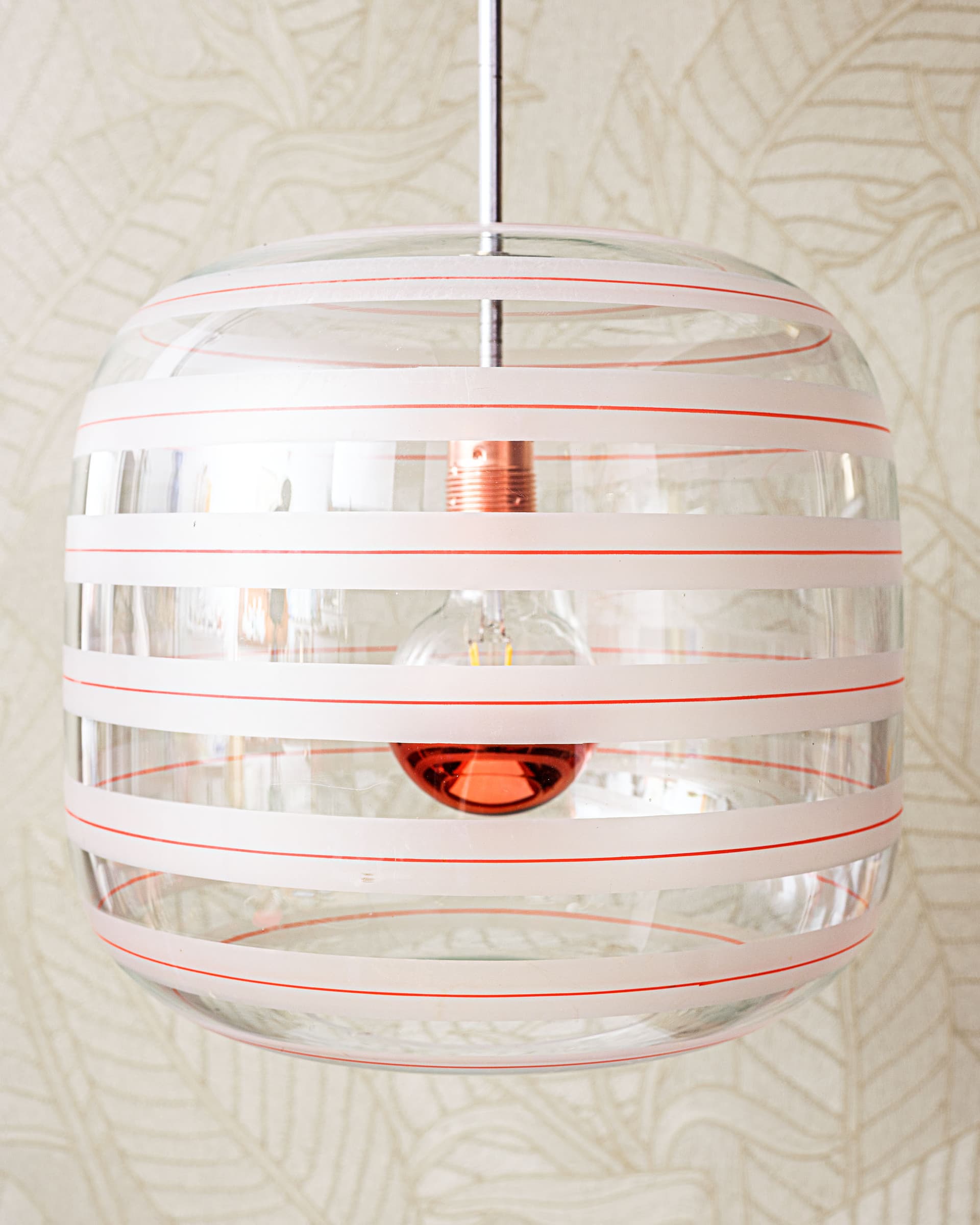 Lampa sufitowa, szkło przezroczyste biały czerwony, stal polerowana srebrny, miedź, Dania, lata 50. - 372857