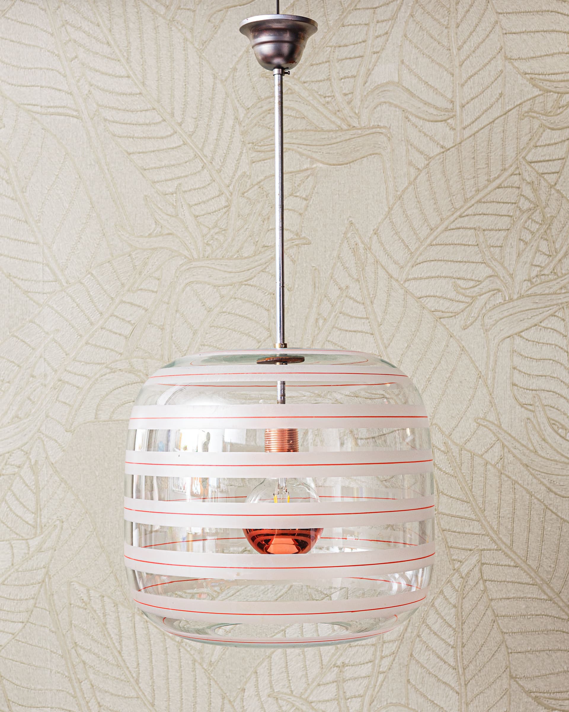 Lampa sufitowa, szkło przezroczyste biały czerwony, stal polerowana srebrny, miedź, Dania, lata 50. - 372860