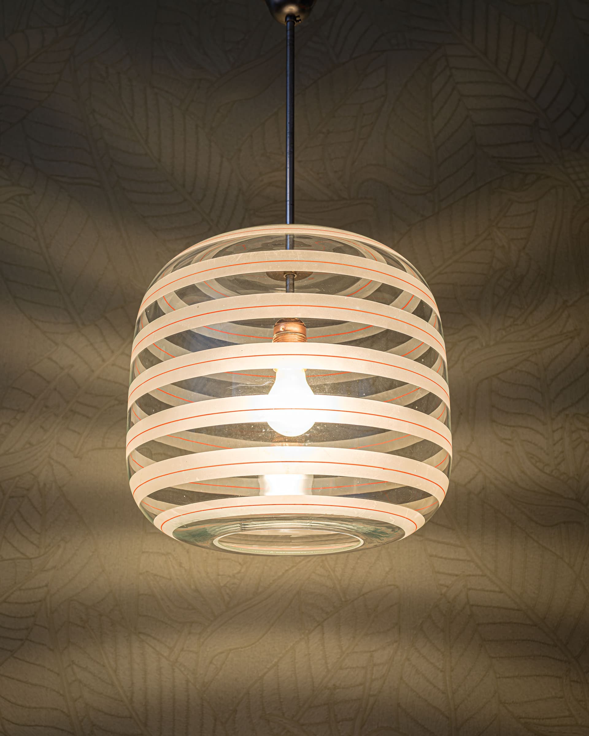 Lampa sufitowa, szkło przezroczyste biały czerwony, stal polerowana srebrny, miedź, Dania, lata 50. - 372858