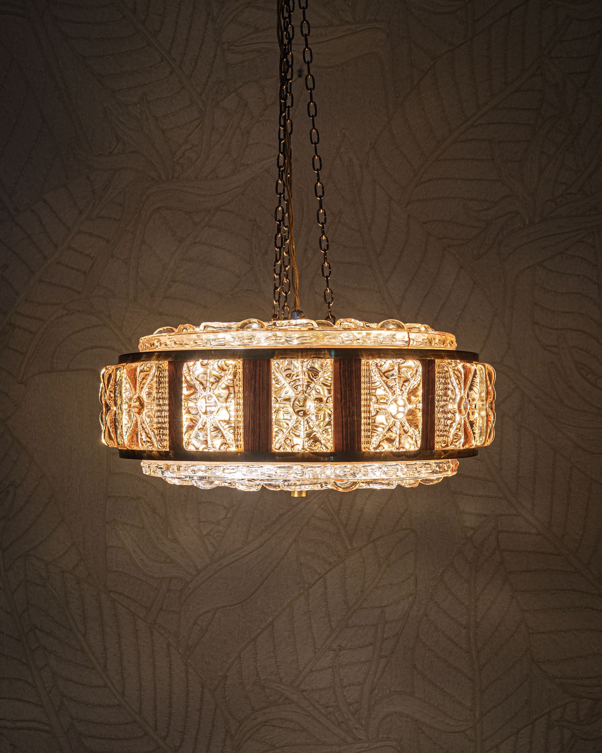 Lampa sufitowa, szkło sodowe pomarańczowy, palisander brązowy, proj. C. Fagerlund, Orrefors, Szwecja, lata 70. - 372870