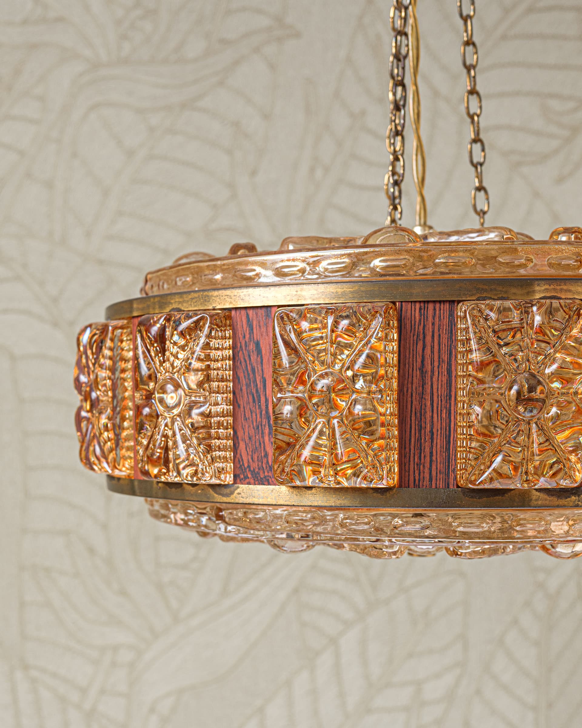 Lampa sufitowa, szkło sodowe pomarańczowy, palisander brązowy, proj. C. Fagerlund, Orrefors, Szwecja, lata 70. - 372874