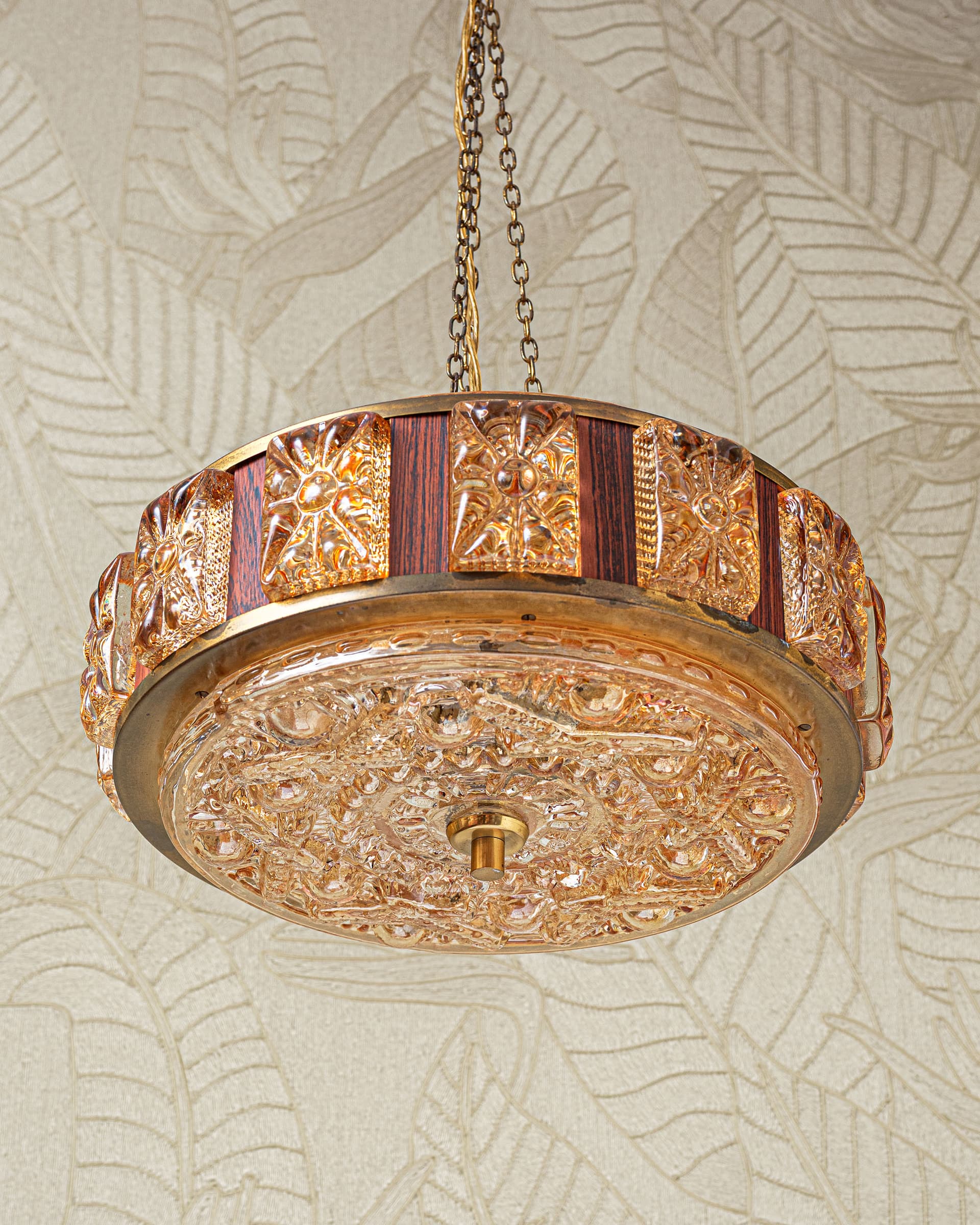 Lampa sufitowa, szkło sodowe pomarańczowy, palisander brązowy, proj. C. Fagerlund, Orrefors, Szwecja, lata 70. - 372877