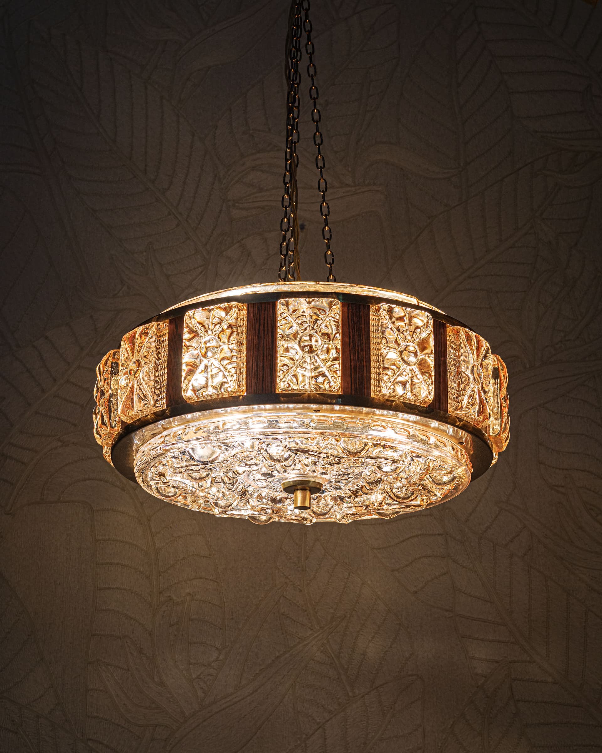 Lampa sufitowa, szkło sodowe pomarańczowy, palisander brązowy, proj. C. Fagerlund, Orrefors, Szwecja, lata 70. - 372871