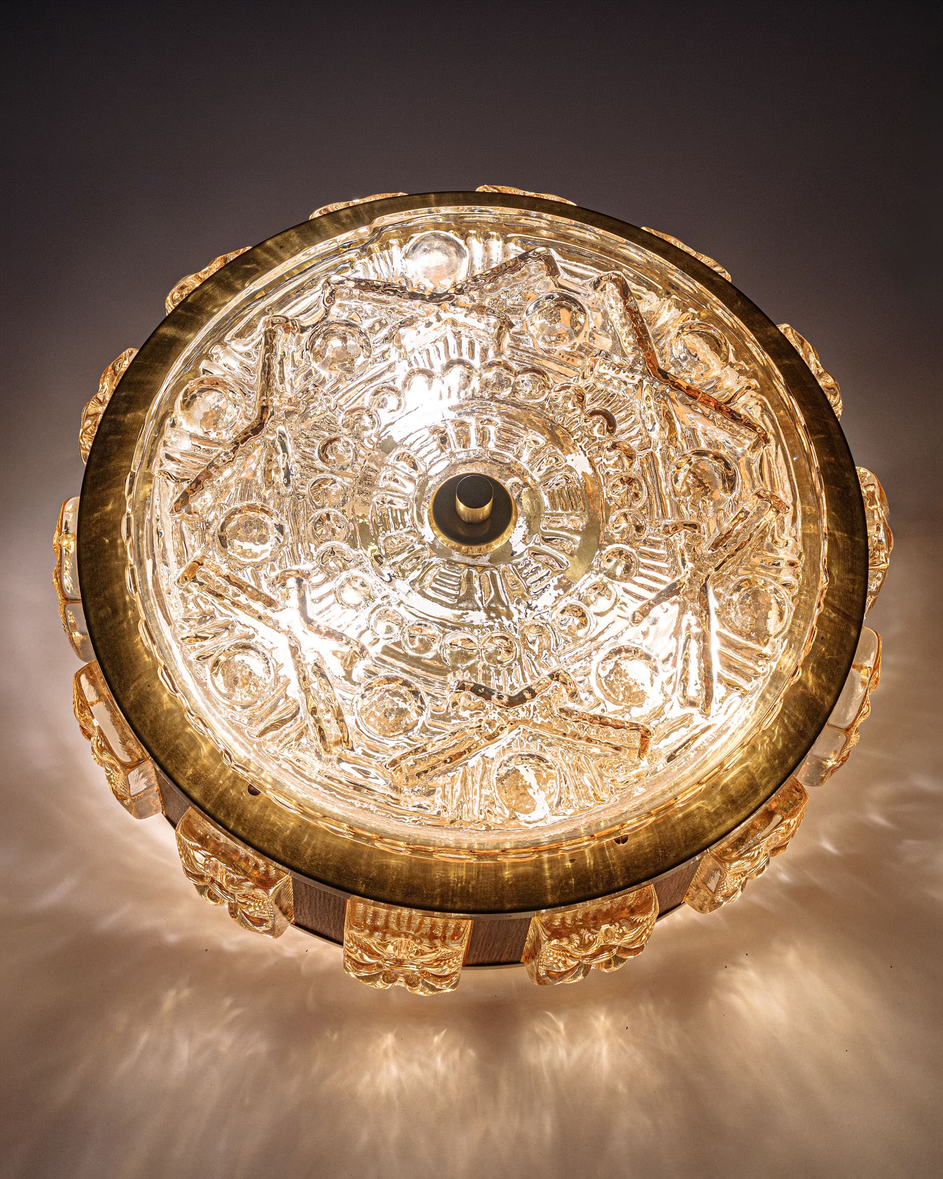 Lampa sufitowa, szkło sodowe pomarańczowy, palisander brązowy, proj. C. Fagerlund, Orrefors, Szwecja, lata 70. - 372875