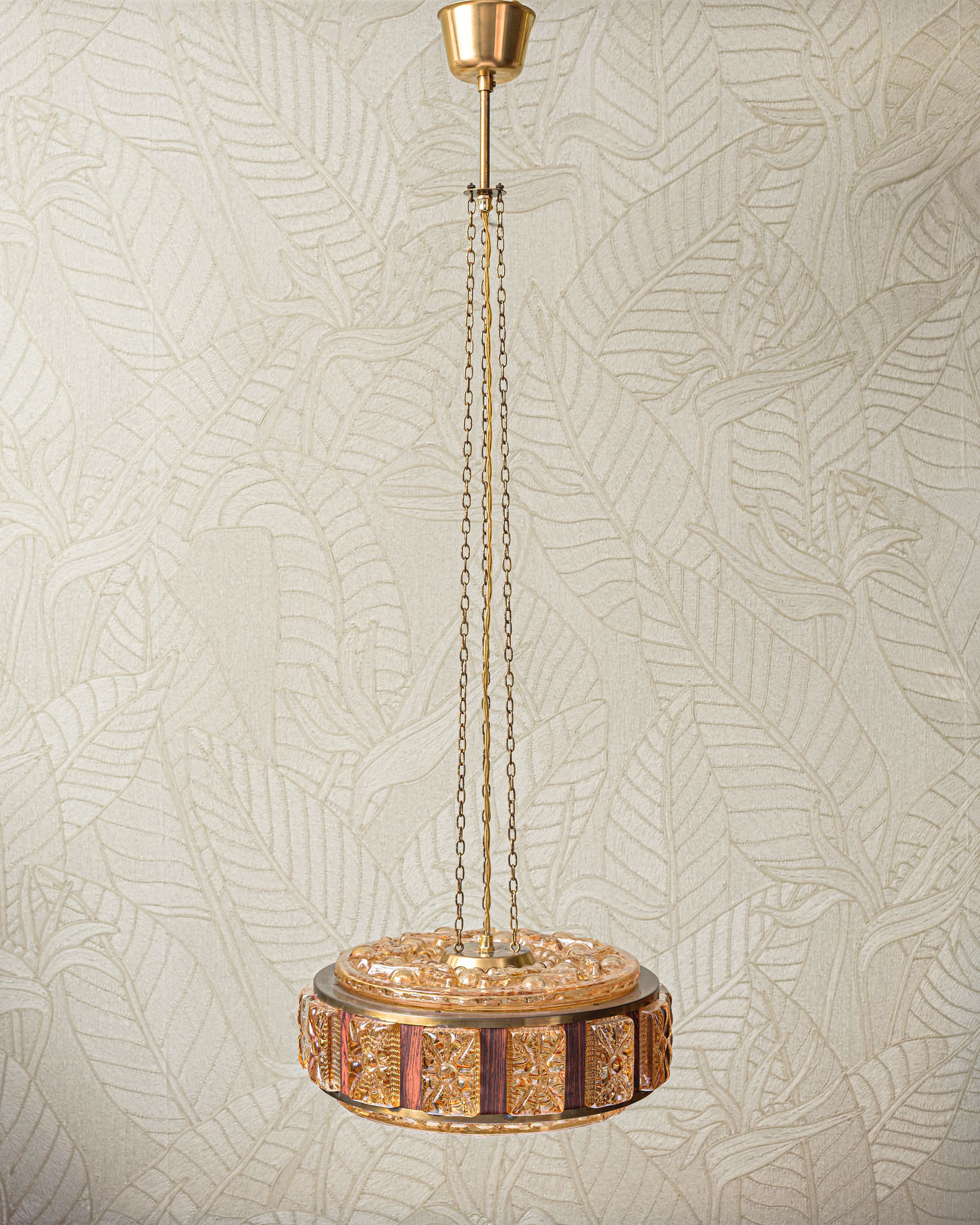Lampa sufitowa, szkło sodowe pomarańczowy, palisander brązowy, proj. C. Fagerlund, Orrefors, Szwecja, lata 70. - 372872