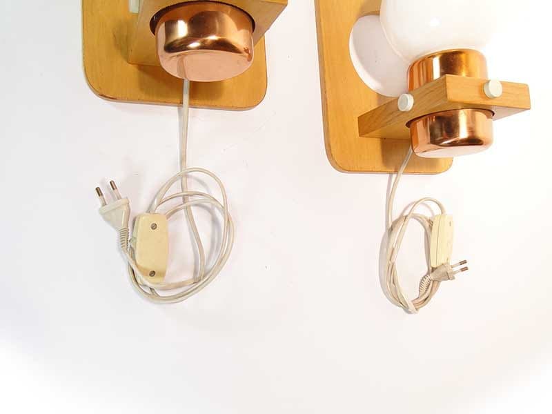 Pair of wall sconces, brown beech, golden copper, Poland, 1960s. - 372970