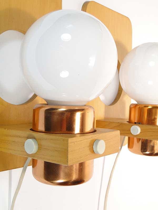 Pair of wall sconces, brown beech, golden copper, Poland, 1960s. - 372971
