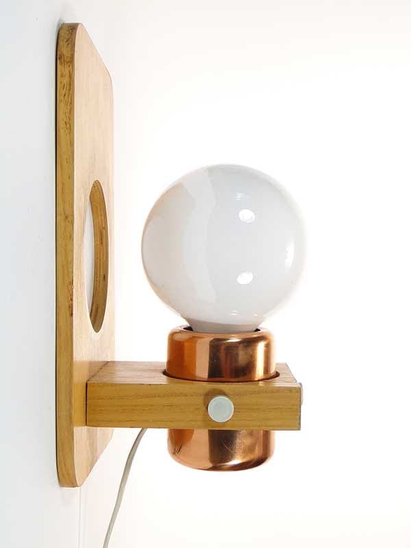 Pair of wall sconces, brown beech, golden copper, Poland, 1960s. - 372972
