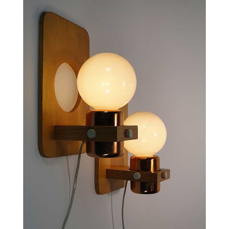 Pair of wall sconces, brown beech, golden copper, Poland, 1960s. - 372977