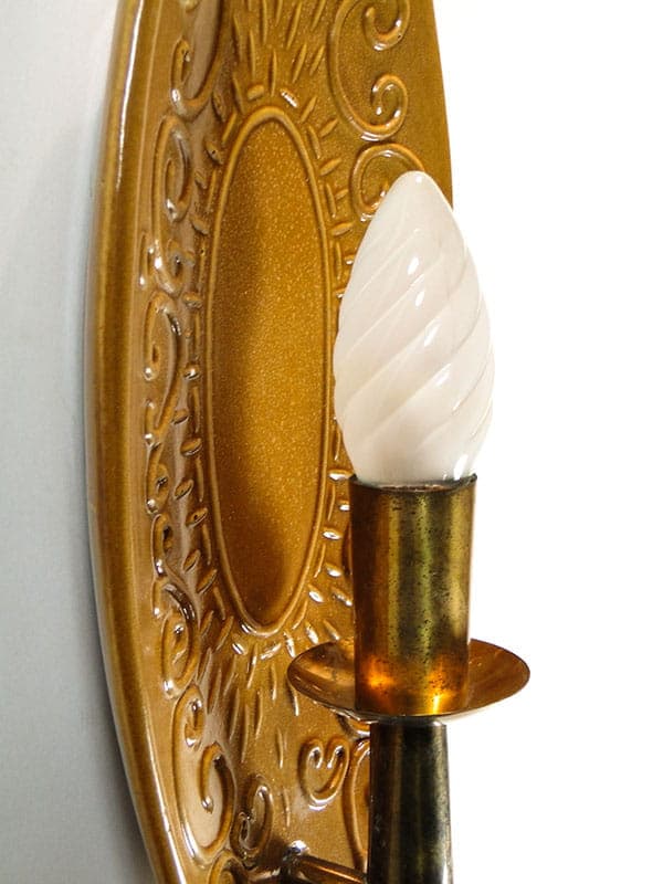 Modernist wall sconce, brown ceramic, gold brass, 1970s - 372999