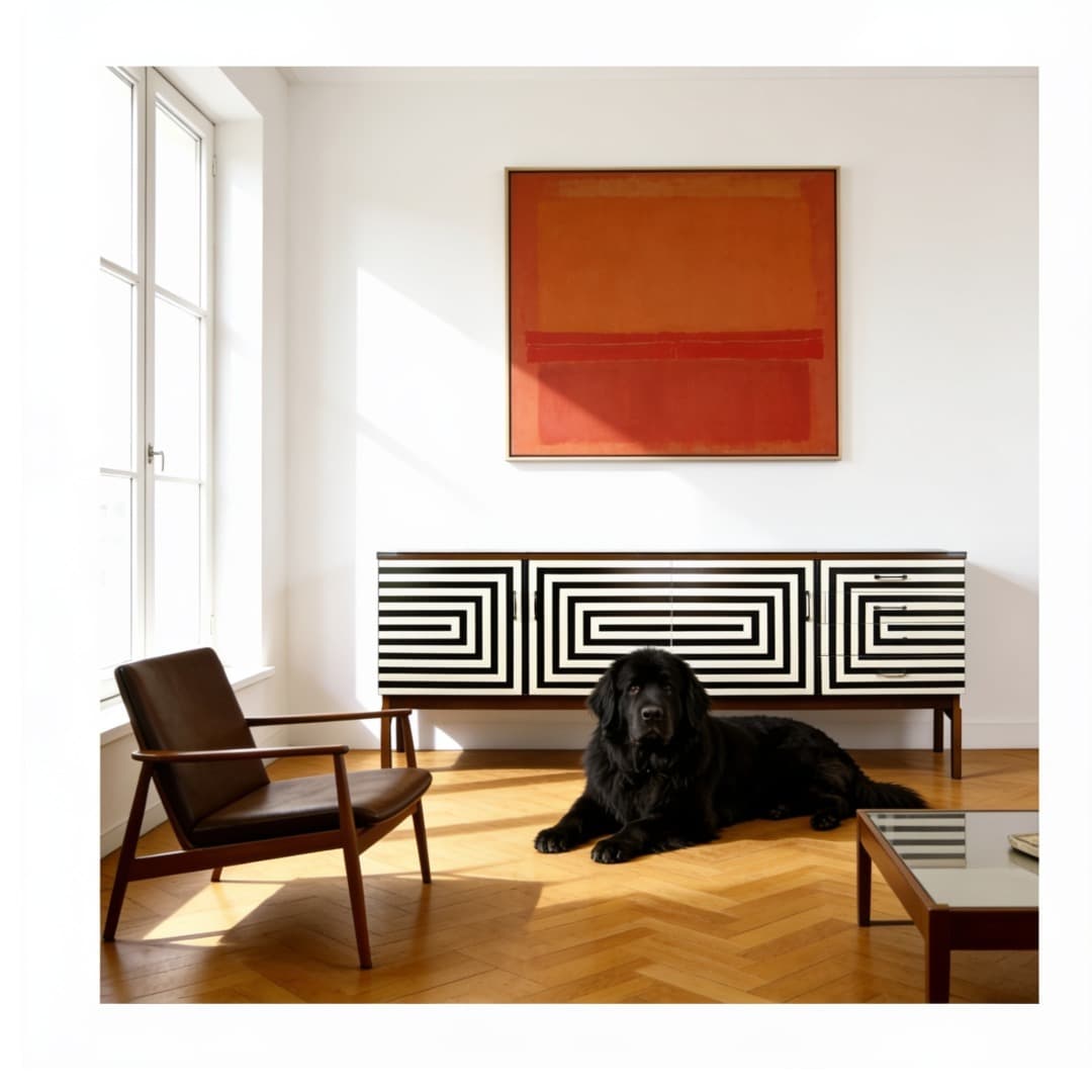 Sideboard Op Art, brązowy, drewno, szkło czarne, Polska, lata 70. - 373551
