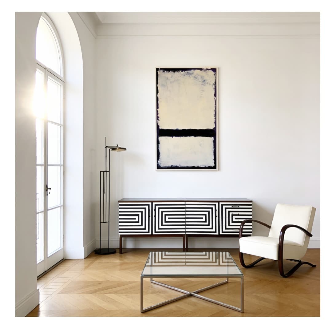 Sideboard Op Art, brązowy, drewno, szkło czarne, Polska, lata 70. - 373550