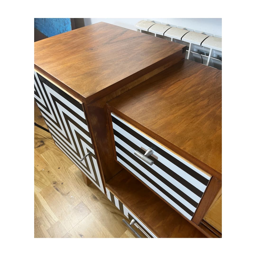 Sideboard asymmetrical, walnut brown, Poland, 1960s. - 373619