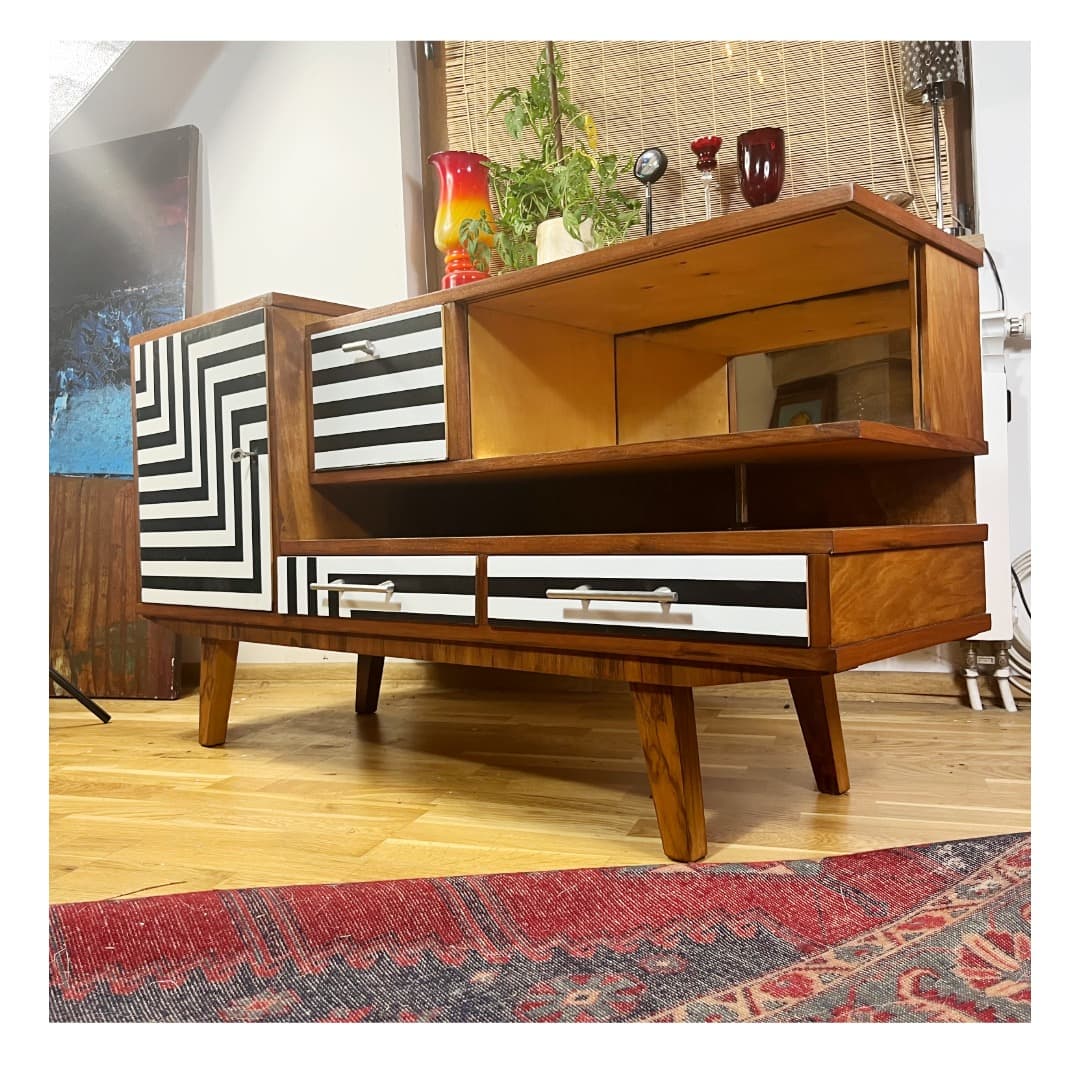 Sideboard asymmetrical, walnut brown, Poland, 1960s. - 373612