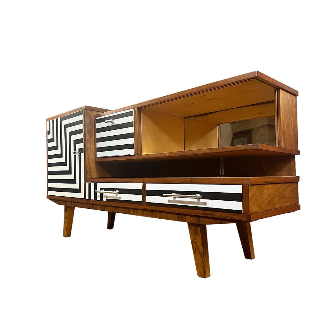 Sideboard asymmetrical, walnut brown, Poland, 1960s. - 373608