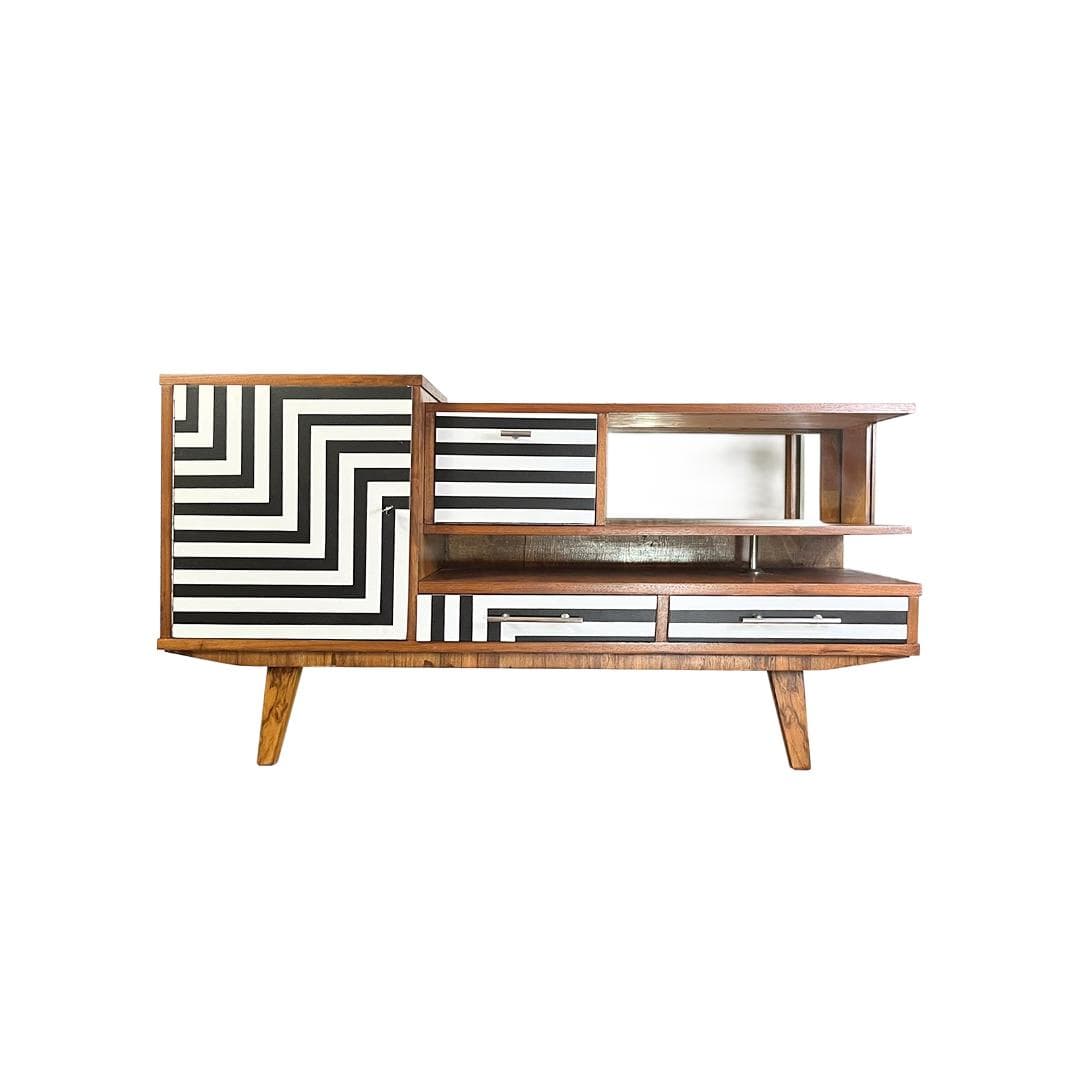 Sideboard asymmetrical, walnut brown, Poland, 1960s.