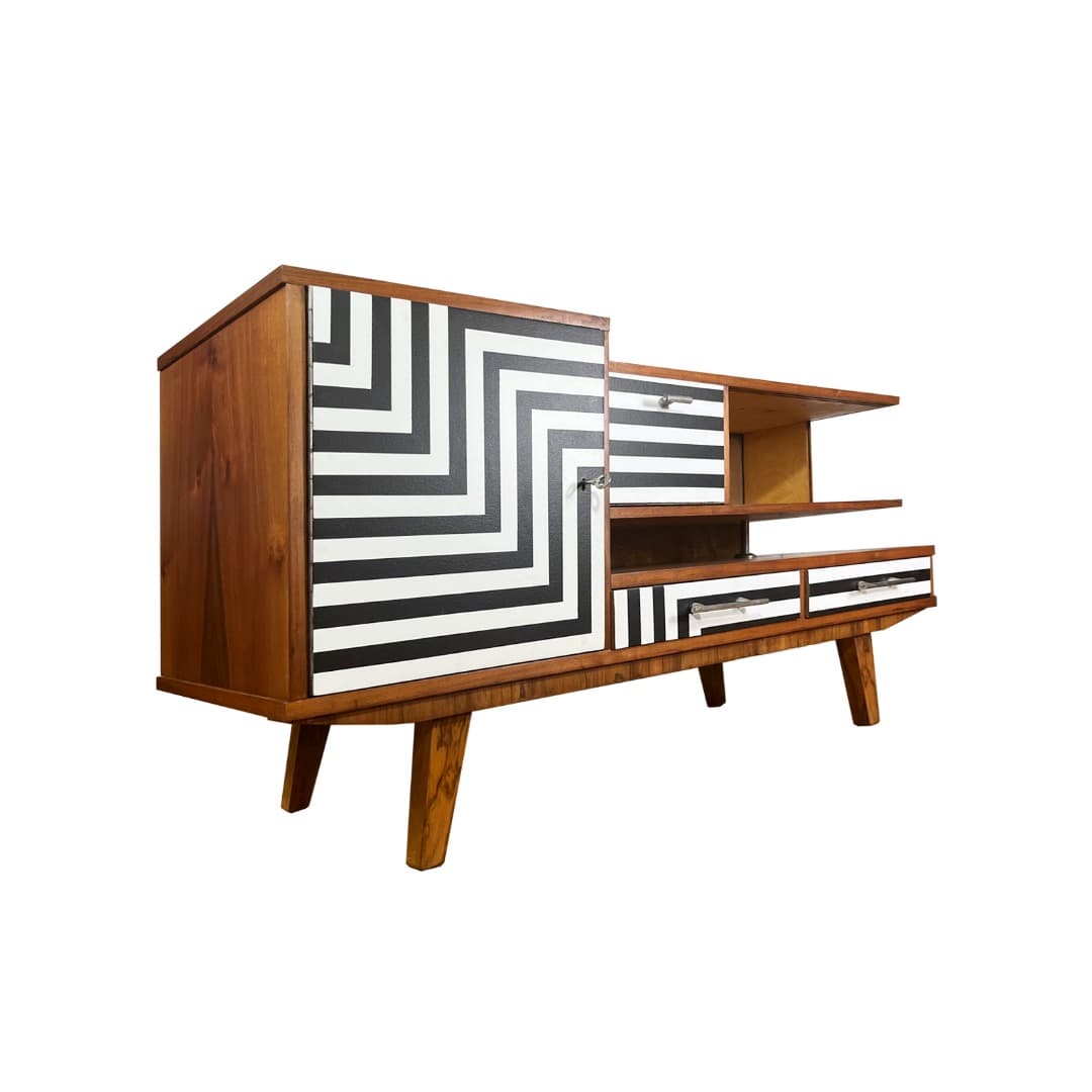 Sideboard asymmetrical, walnut brown, Poland, 1960s. - 373607