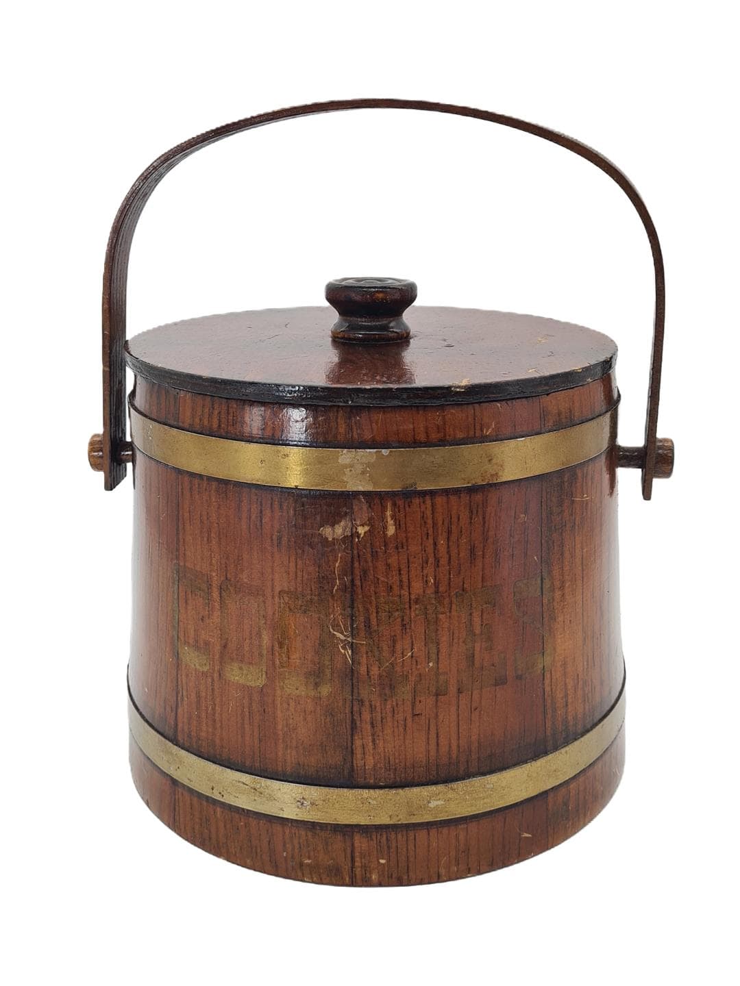 Cookie jar, brown, wood brass, Basketville, USA, 1960s.