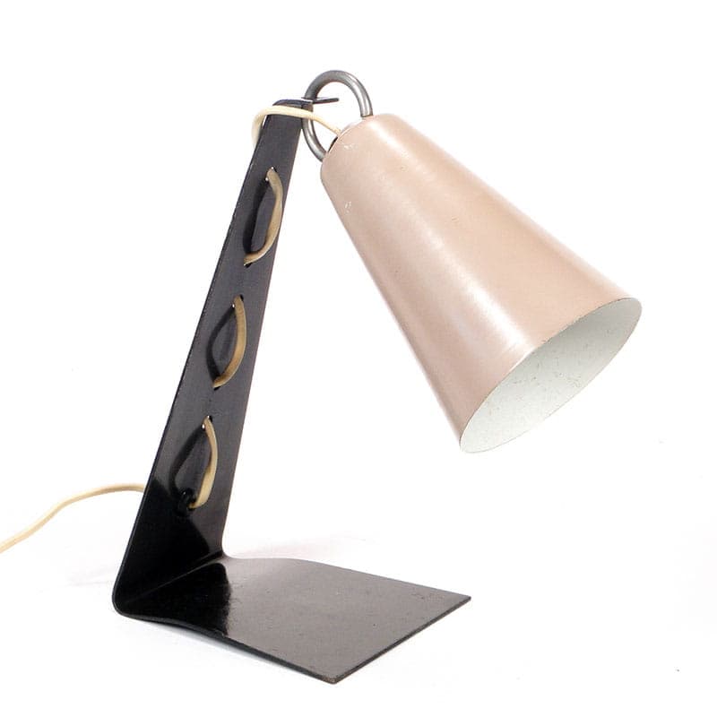 Lampa stołowa Pop Art, stal czarna, klosz beżowy, proj. A. Gałecki, Polska, lata 60.