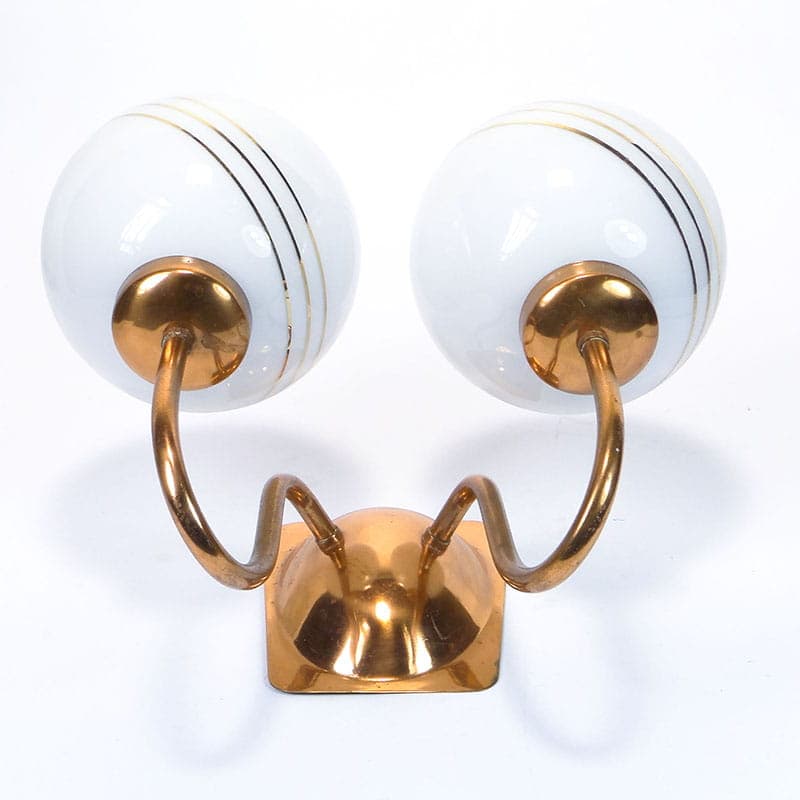 Double-arm modernist wall sconce, gold copper, white glass, 1960s - 375337