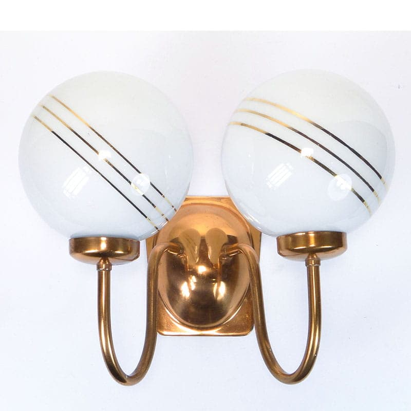 Double-arm modernist wall sconce, gold copper, white glass, 1960s - 375336