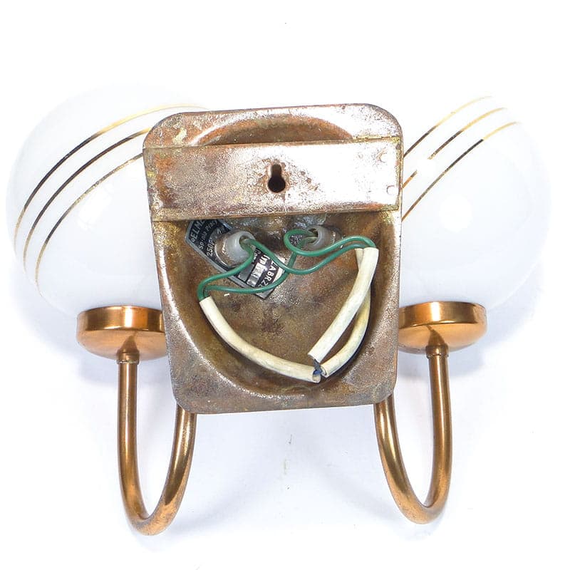 Double-arm modernist wall sconce, gold copper, white glass, 1960s - 375339