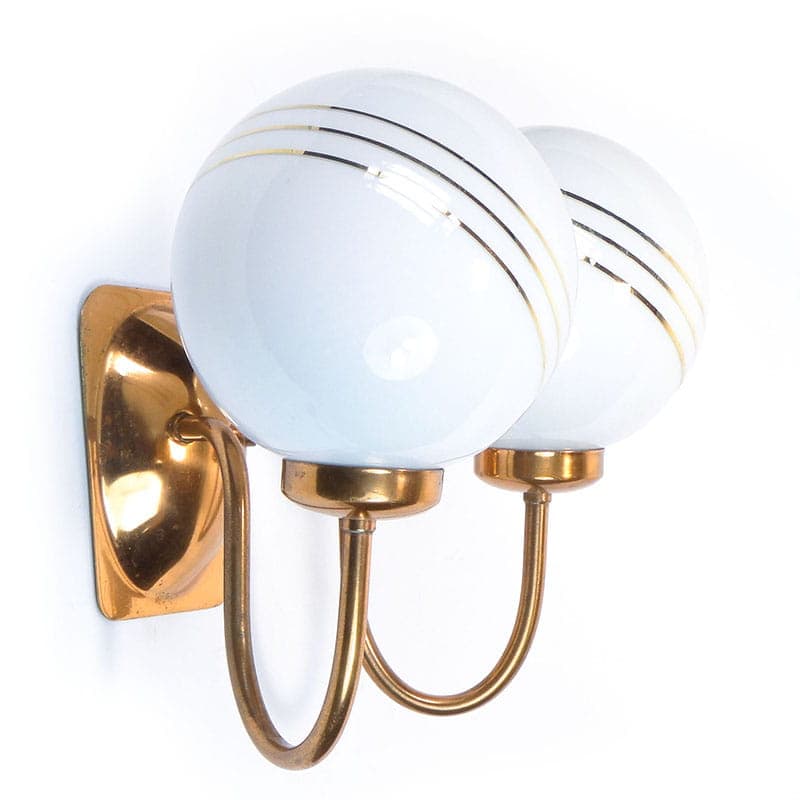 Double-arm modernist wall sconce, gold copper, white glass, 1960s - 375338