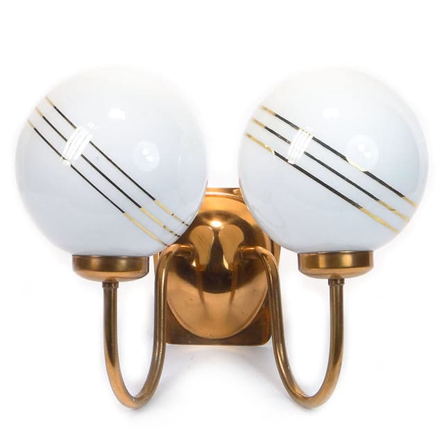 Double-arm modernist wall sconce, gold copper, white glass, 1960s - DIMENSION