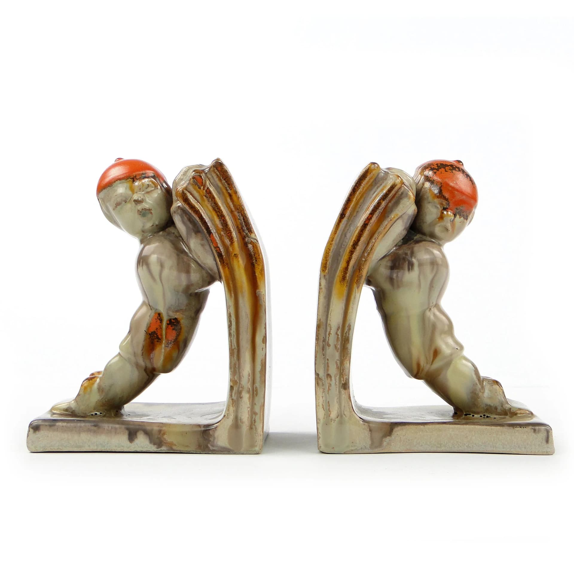 Para podpórek do książek Art Deco, ceramika glazurowana multikolor, Niemcy, lata 30. - 27407