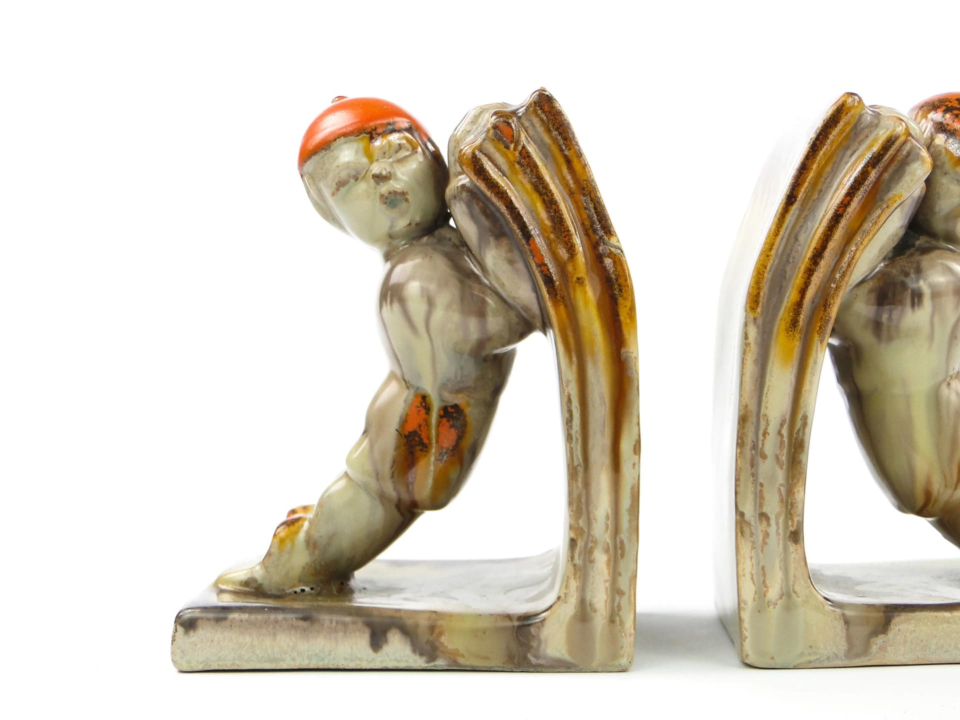 Para podpórek do książek Art Deco, ceramika glazurowana multikolor, Niemcy, lata 30. - 27408