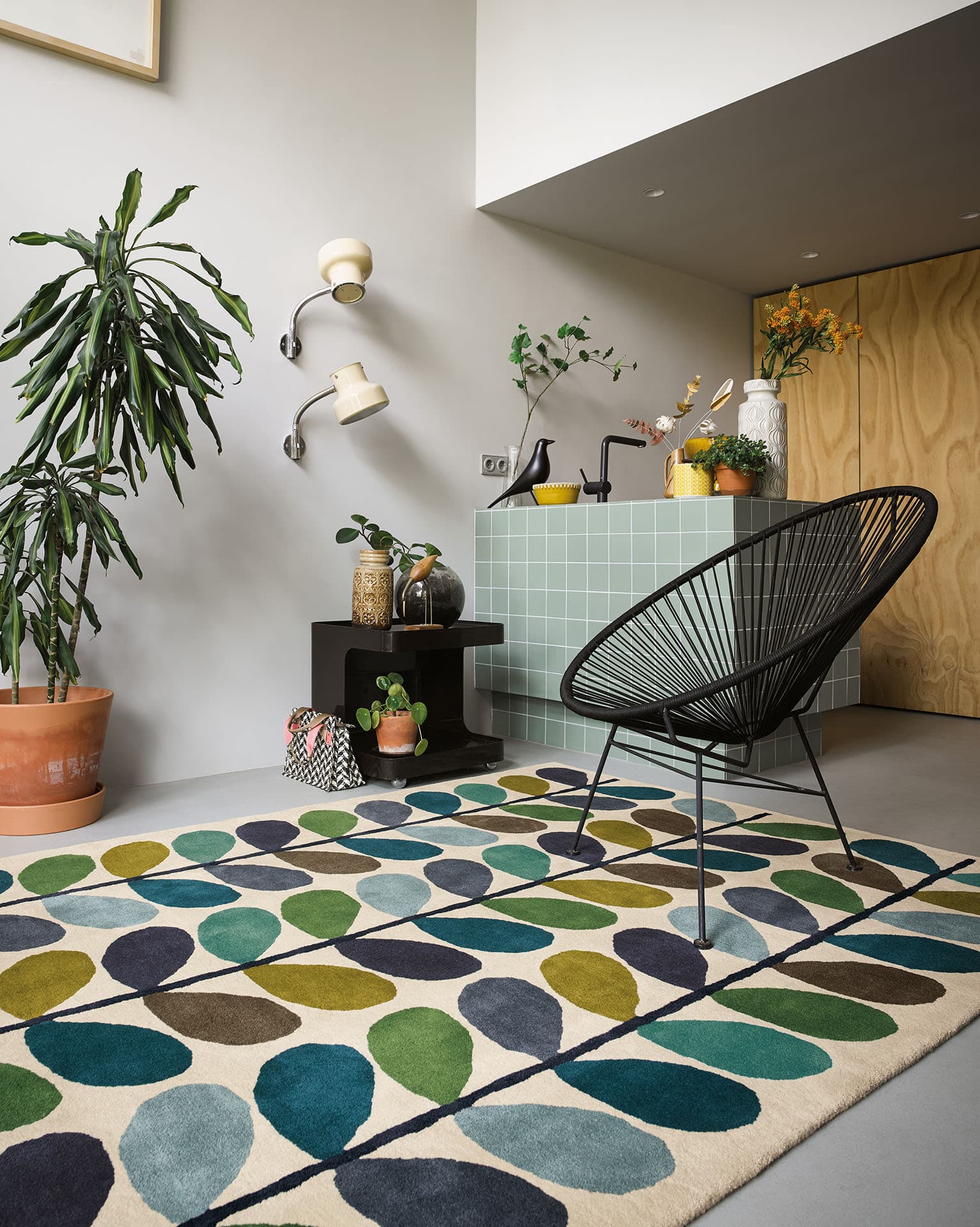 Dywan Multi Stem Kingfisher biały, szary, niebieski, zielony, brązowy 160x230 cm, wełna, Orla Kiely - 375605