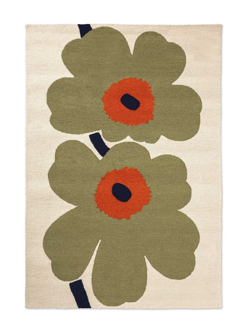 Dywan zewnętrzny Unikko Anniversary Dusty Green beżowy, zielony, pomarańczowy, czerwony, niebieski 140x200, Marimekko