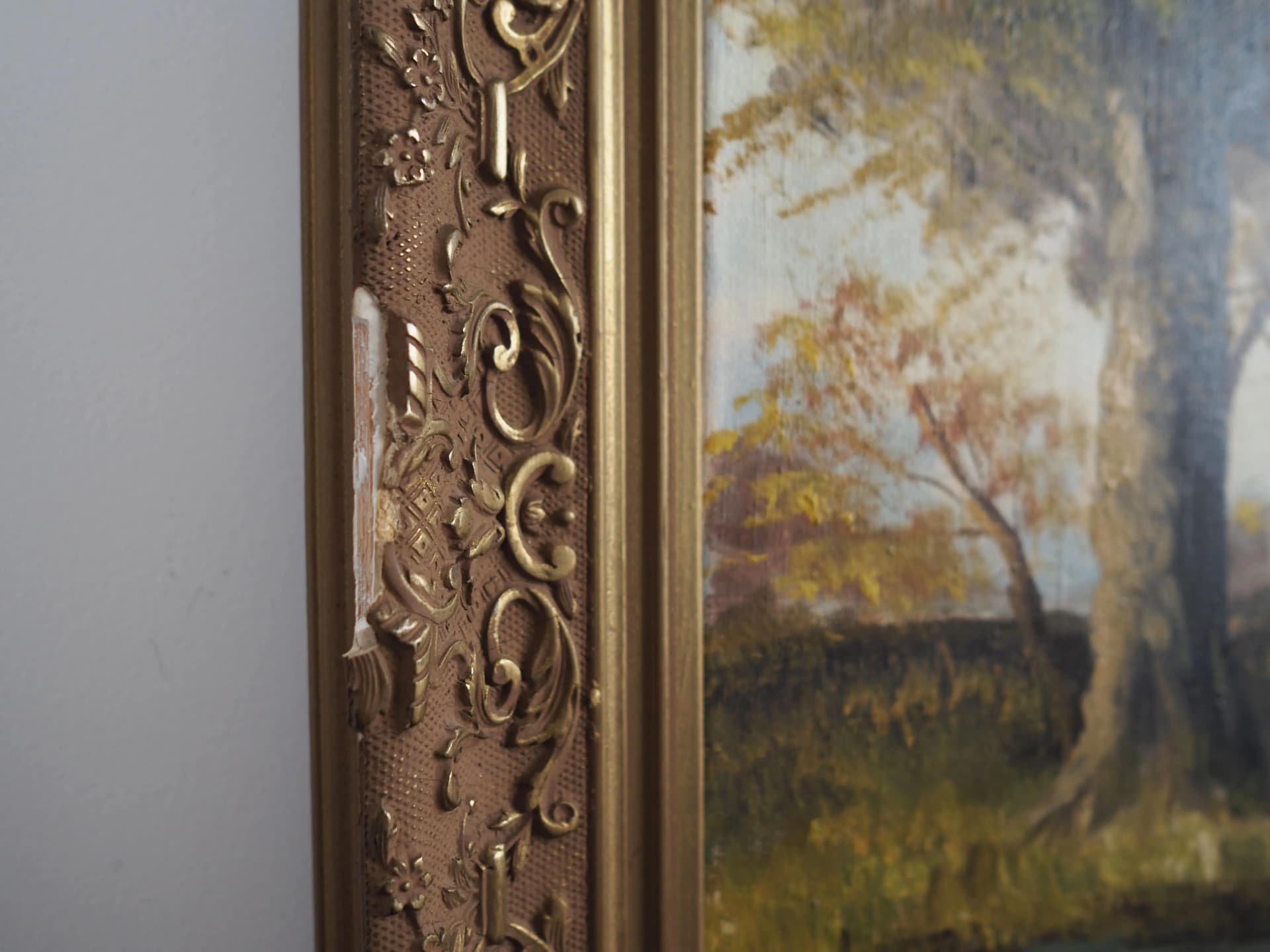 Obraz Droga nad stawem, skandynawski, zielony, olej na płótnie, rama drewno, Polska, lata 70. - 27465