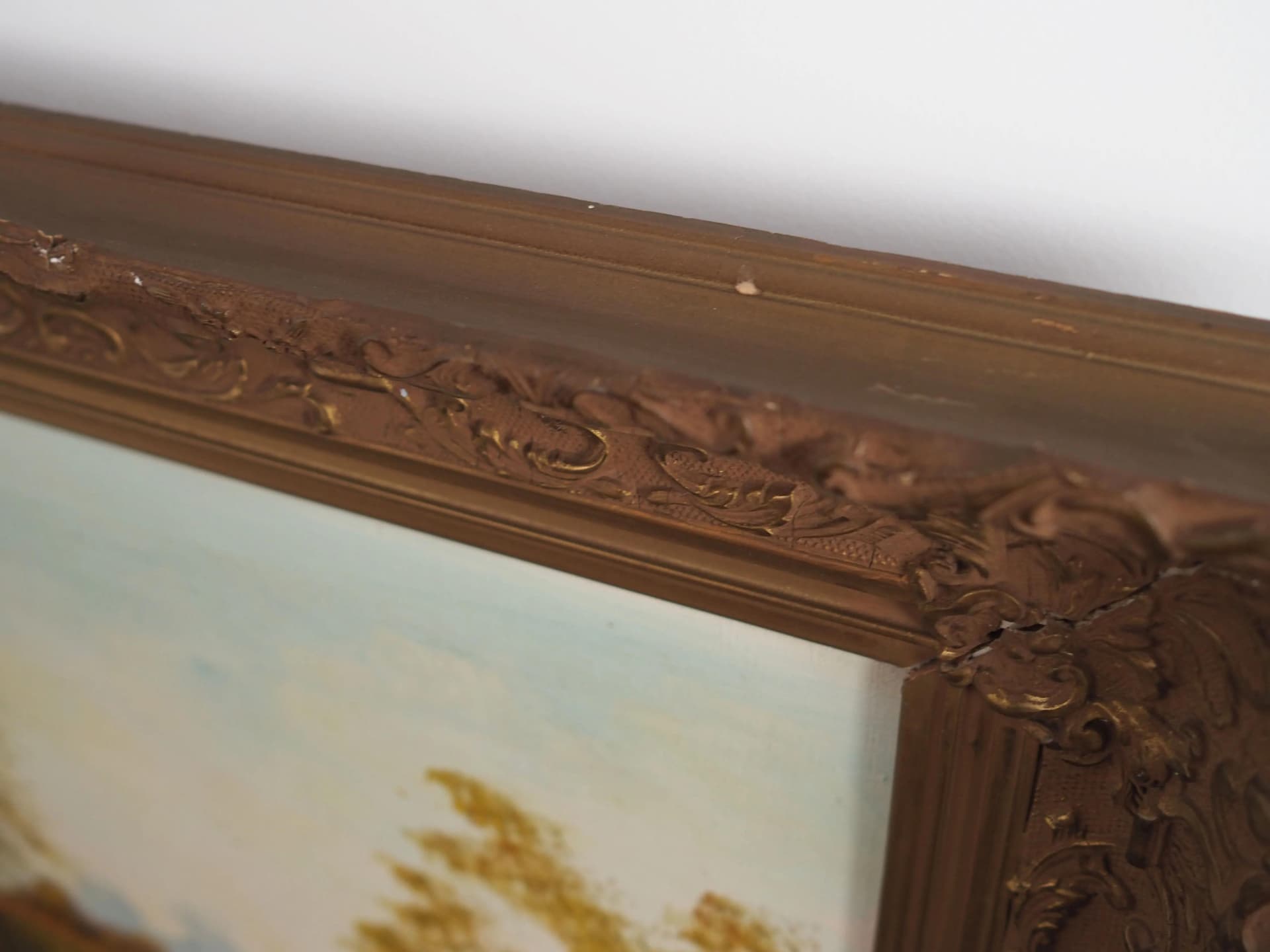 Obraz Droga nad stawem, skandynawski, zielony, olej na płótnie, rama drewno, Polska, lata 70. - 27462