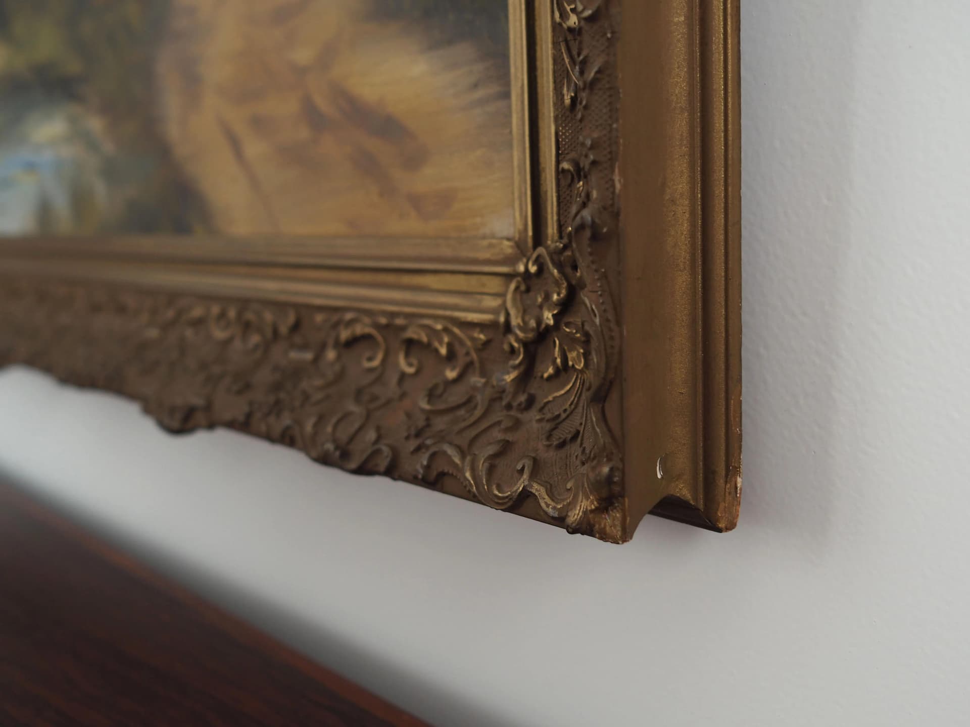 Obraz Droga nad stawem, skandynawski, zielony, olej na płótnie, rama drewno, Polska, lata 70. - 27461