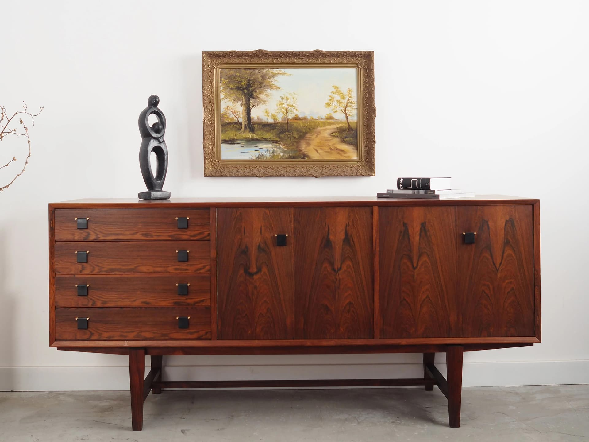 Obraz Droga nad stawem, skandynawski, zielony, olej na płótnie, rama drewno, Polska, lata 70. - 27463