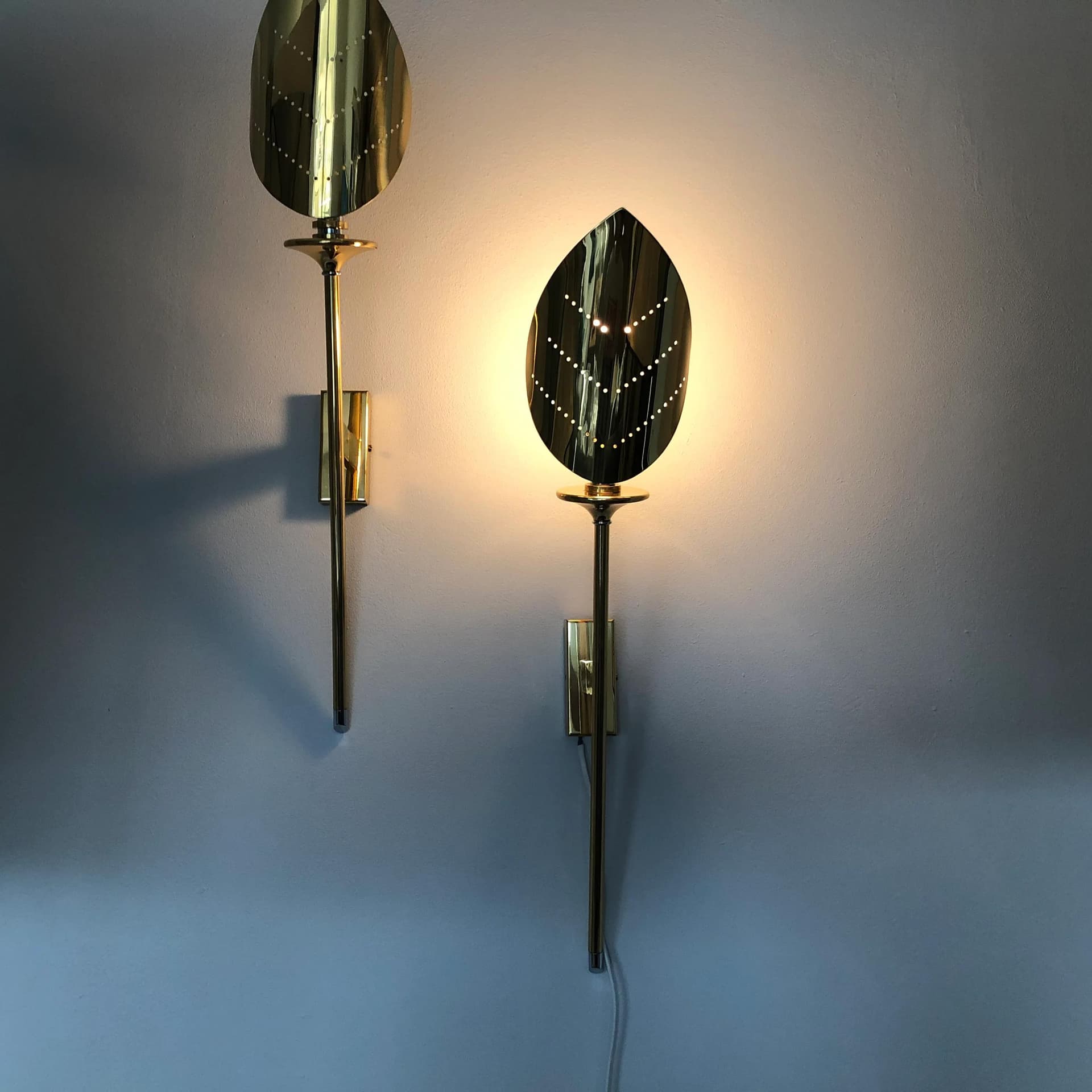 Pair of wall sconces, golden brass, KW Leuchten, Germany, 1970s.