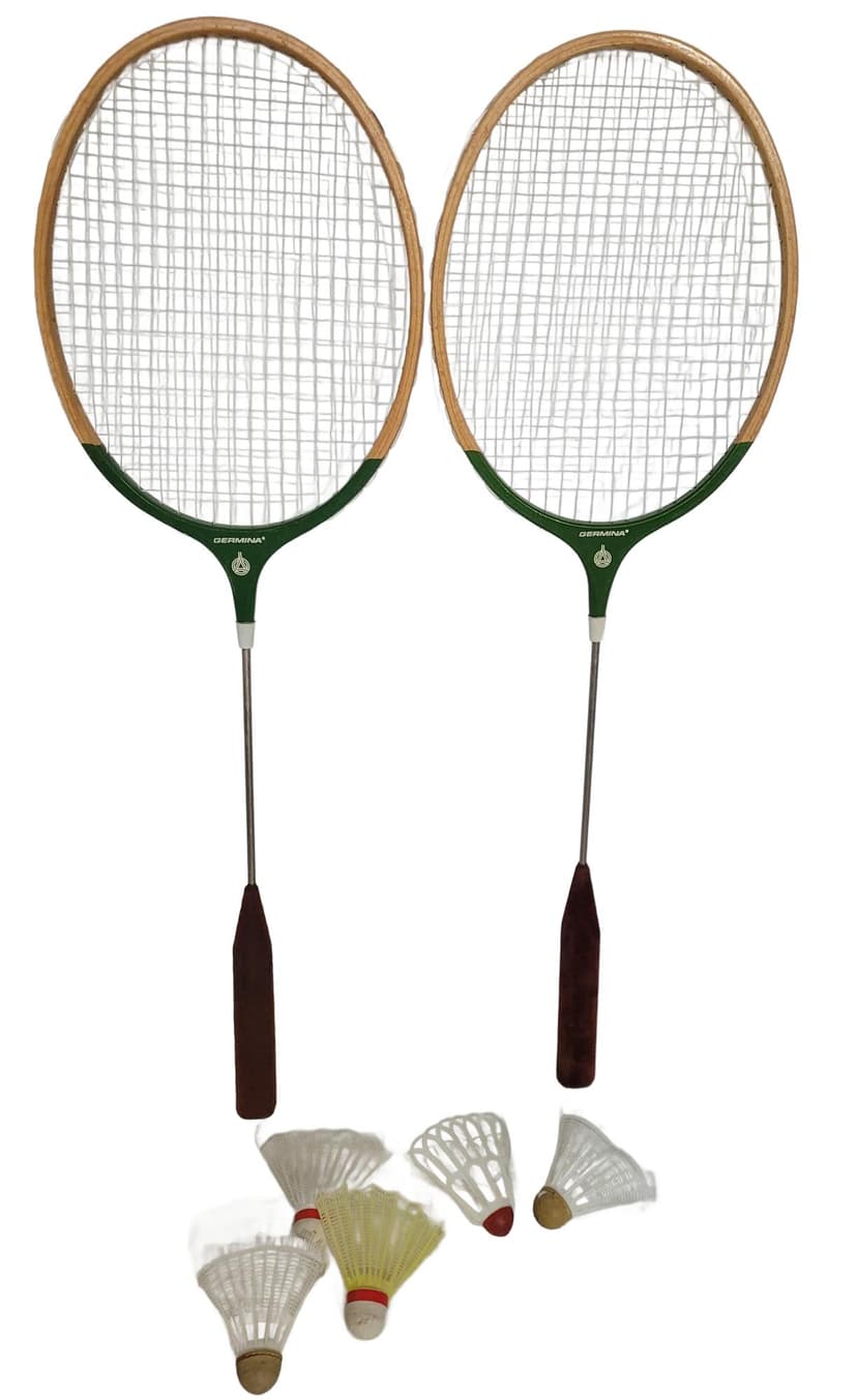 Set of two badminton rackets, brown wood, stainless steel, Germania, 1970s