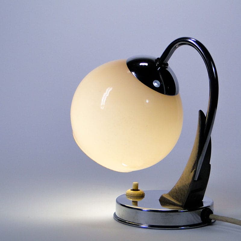 Lampa stołowa Zukov, beżowy, szkło, stal chromowana, mosiądz, Czechosłowacja, lata 60. - 377368
