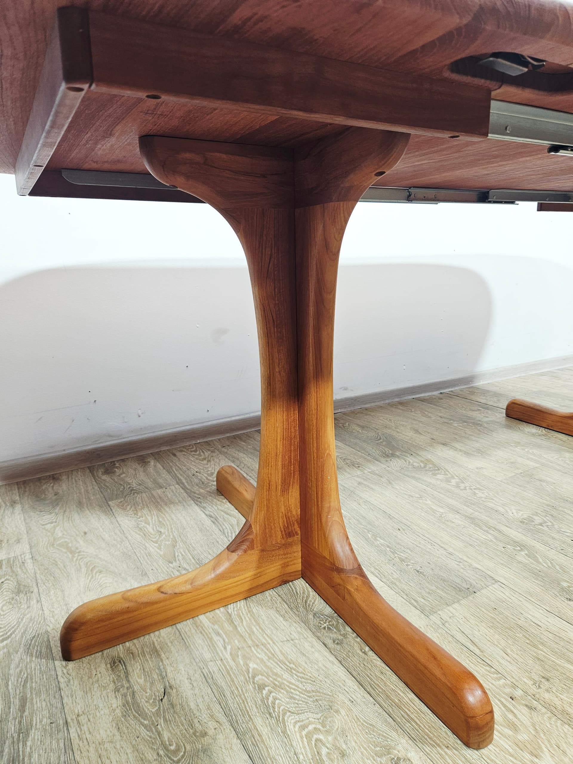 Dining set, brown teak, beige green fabric, Denmark, 1970s. - 377457