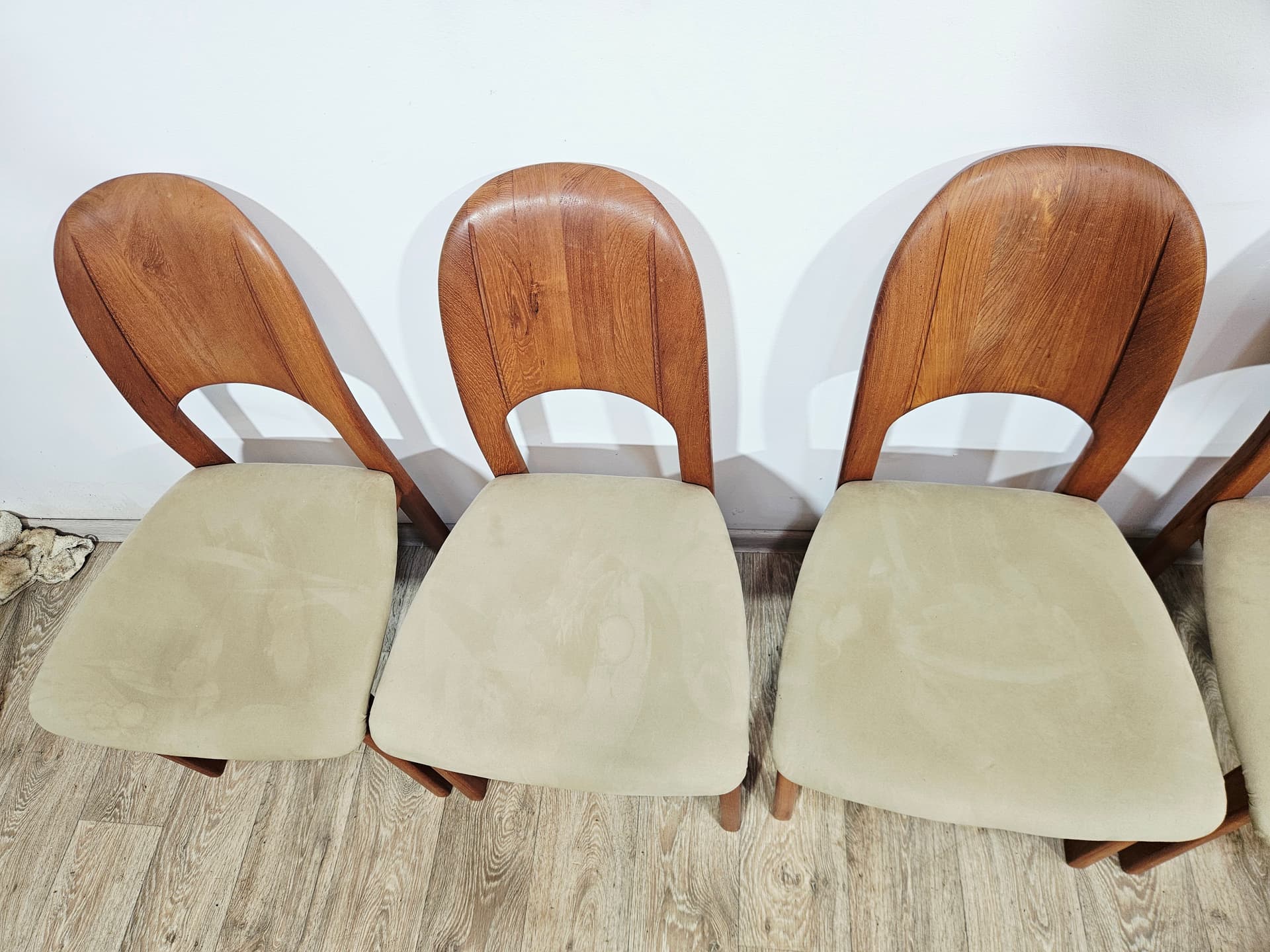 Dining set, brown teak, beige green fabric, Denmark, 1970s. - 377461