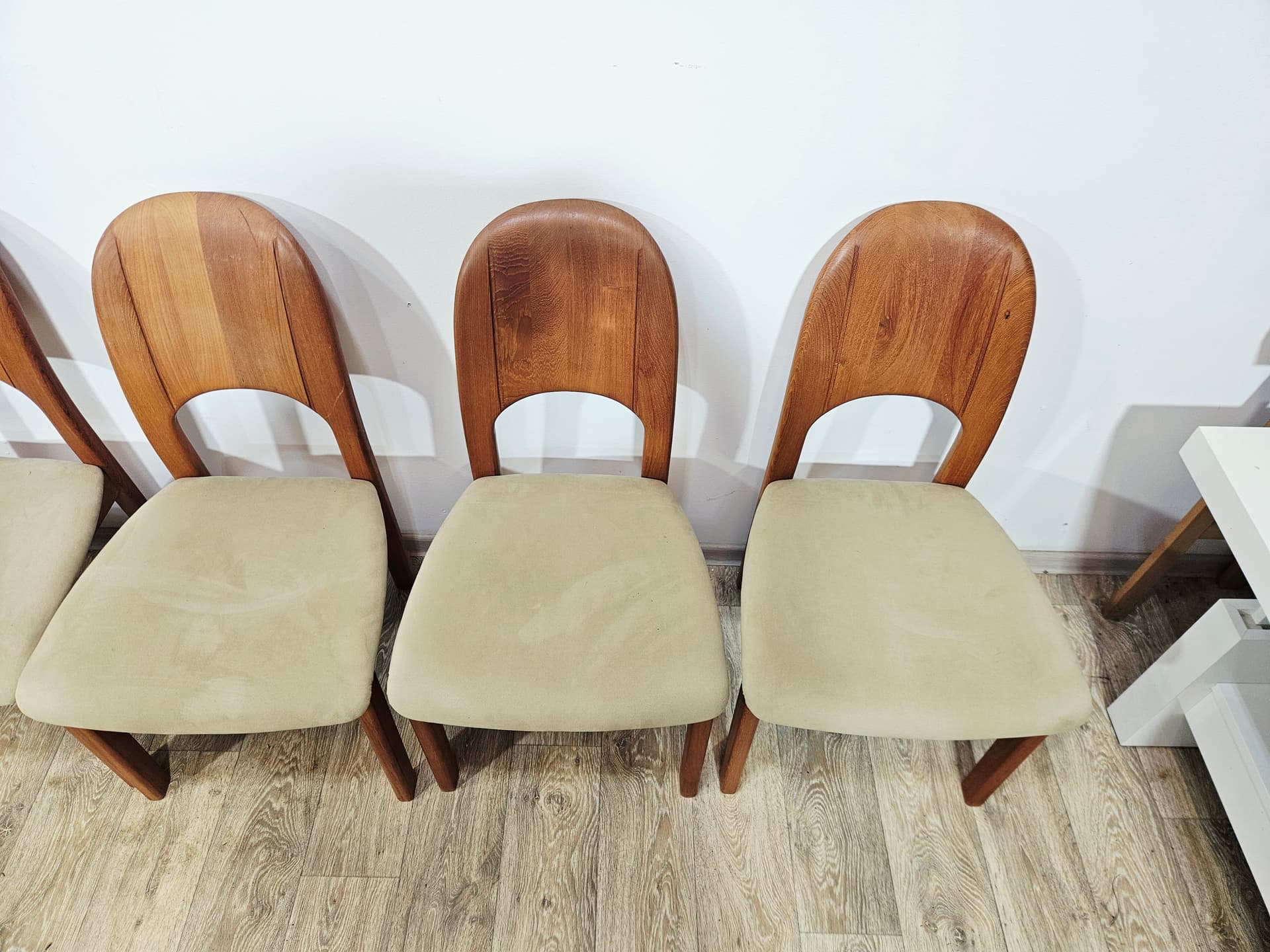 Dining set, brown teak, beige green fabric, Denmark, 1970s. - 377463