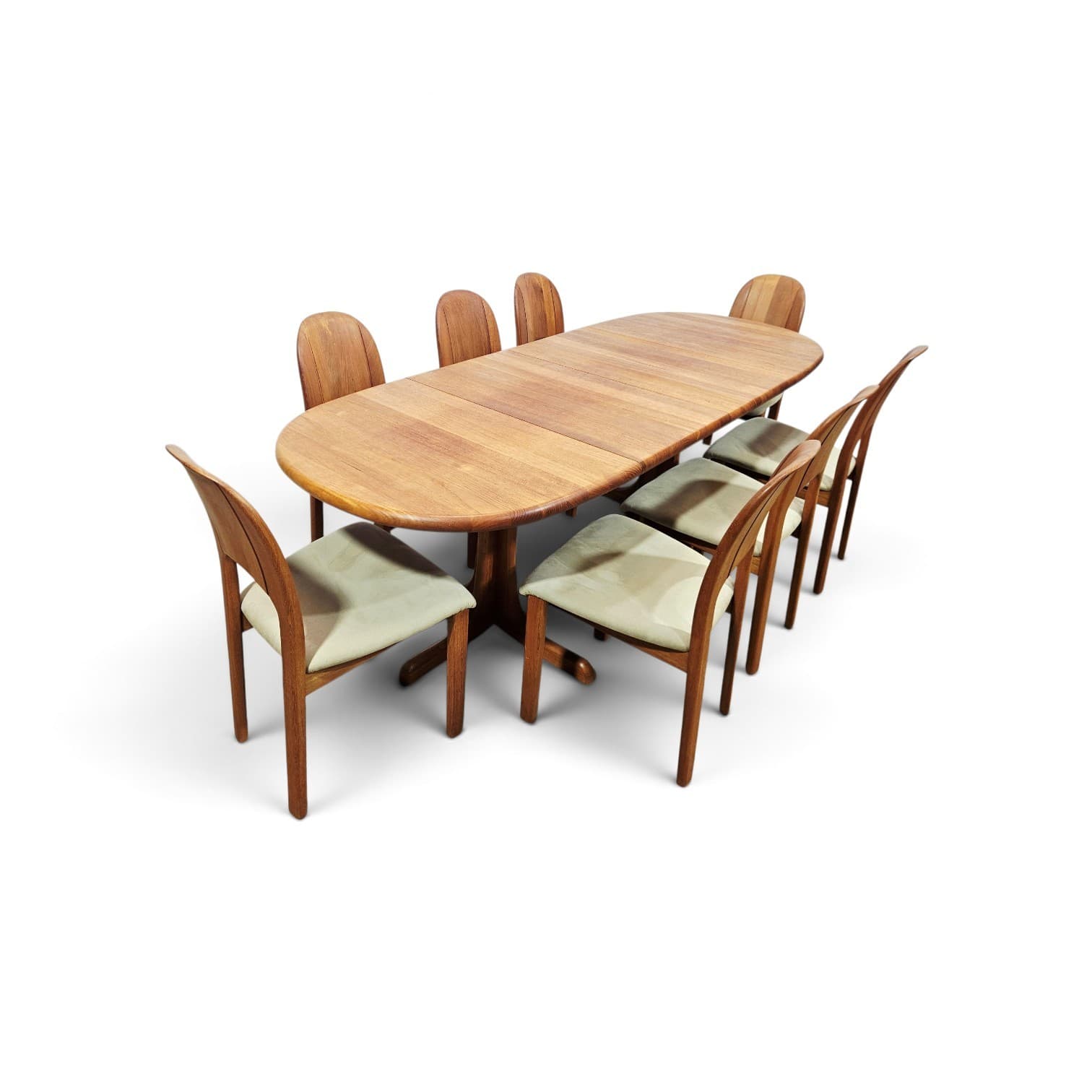 Dining set, brown teak, beige green fabric, Denmark, 1970s. - 377451