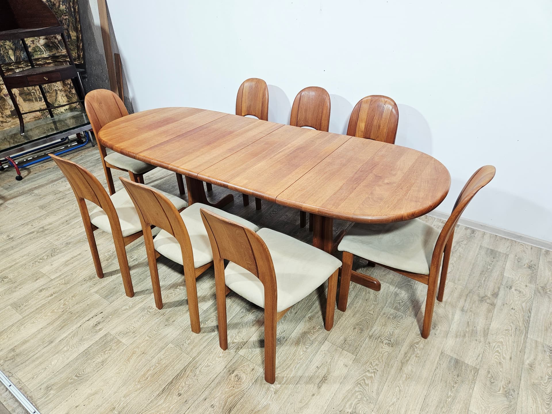Dining set, brown teak, beige green fabric, Denmark, 1970s. - 377464