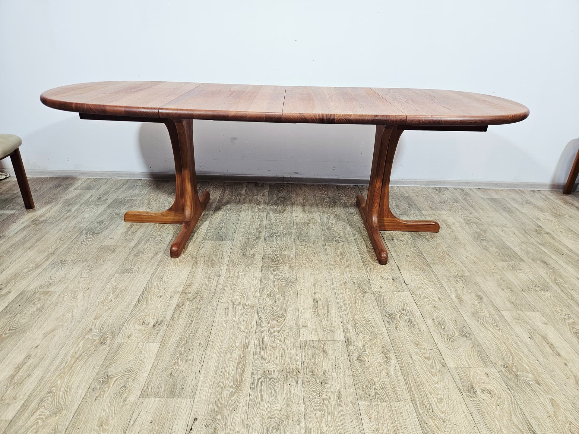 Dining set, brown teak, beige green fabric, Denmark, 1970s. - 377454